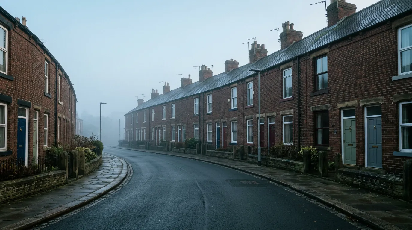 A quiet British terraced street in early morning mist.